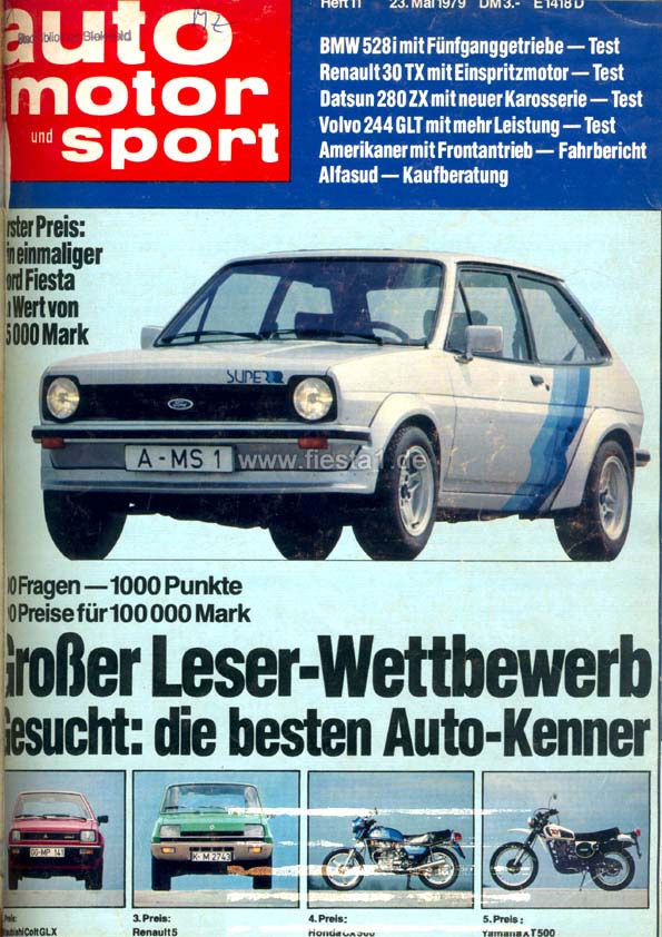 [Image: "Der gro&szlig;e Preis. Fiesta Super, Hauptgewinn im auto motor und sport-Wettbewerb 'Gesucht: die besten Autokenner'."]