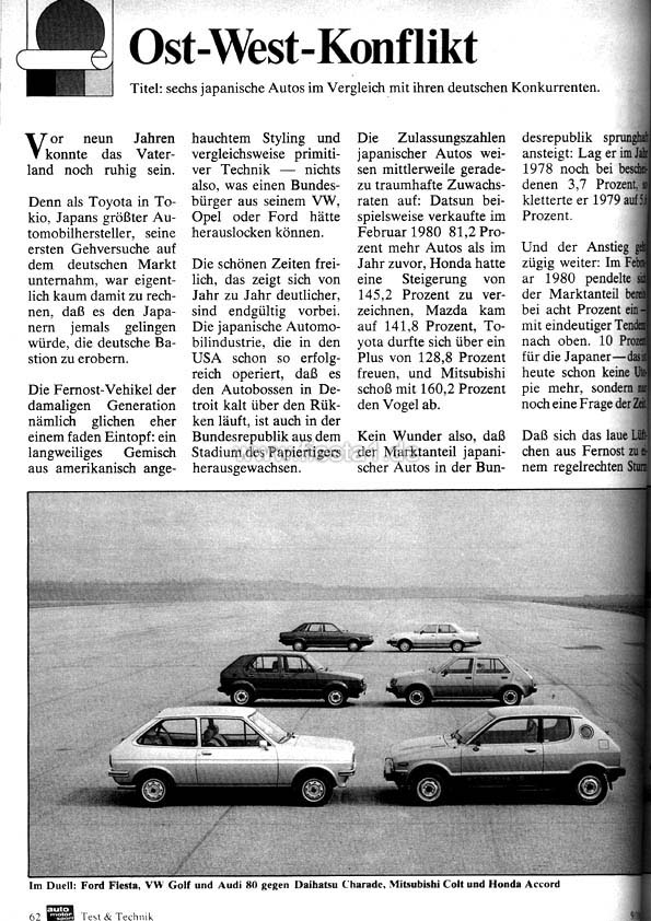 [Bild: "Ost-West-Konflikt. Titel: sechs japanische Autos im Vergleich mit ihren deutschen Konkurrenten."]