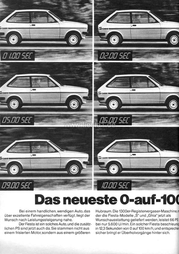 [Image: "Das neueste 0-auf-100-Format. Ford Fiesta 1300."]